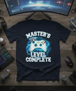 Master's Level Complete graduation t-shirt with controller graphic and cap, perfect for gamers