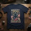 Mastiff dog wearing an American flag bandana with text "Mastiff And The American Flag" on a navy blue t-shirt