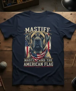 Mastiff dog wearing an American flag bandana with text "Mastiff And The American Flag" on a navy blue t-shirt