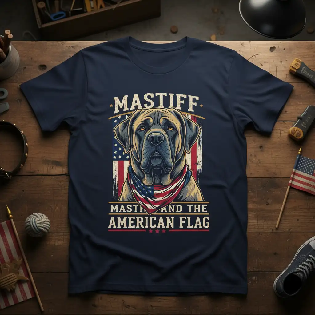 Mastiff dog wearing American flag bandana, Mastiff And The American Flag t-shirt design