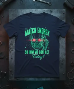 Skull graphic t-shirt with text "MATCH ENERGY SO HOW WE GON' ACT Today?", neon green and red design