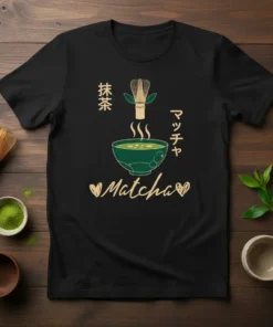 Black t-shirt with 'Matcha Tea Japanese Drink' design, featuring Japanese script, a steaming bowl of matcha, and a whisk