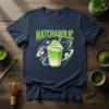 Matchaholic t-shirt design featuring a stylized iced matcha drink with whipped cream and swirling green accents