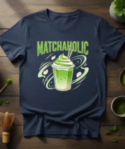 Matchaholic t-shirt design featuring a stylized iced matcha drink with whipped cream and swirling green accents
