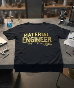 Material Engineer text design with circuit board elements and gear graphic on a black t-shirt