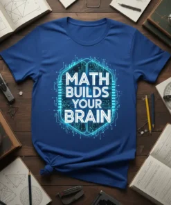 Math Builds Your Brain text design on a blue t-shirt with glowing circuit board brain graphic