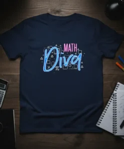 Navy blue t-shirt with "MATH Diva" text in neon blue and pink, surrounded by geometric shapes and pi symbol