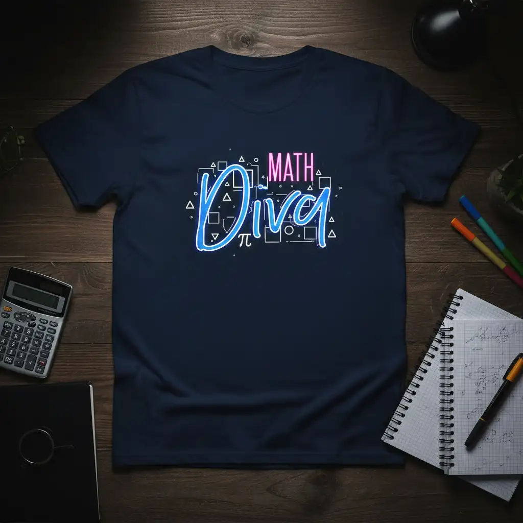MATH Diva t-shirt design with neon blue script and pink text, featuring geometric math symbols