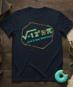 Math equation √-12³π ...and it was delicious! text design on a navy blue t-shirt