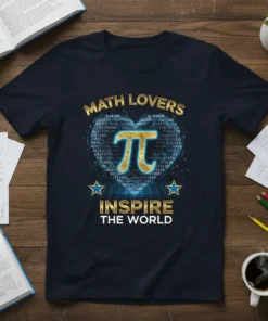 Math Lovers Inspire The World t-shirt with a large golden Pi symbol surrounded by numbers and stars