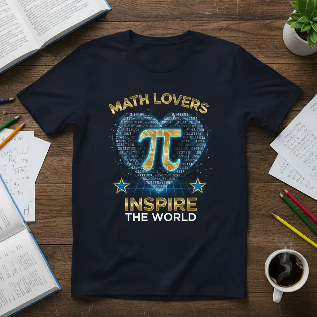MATH LOVERS INSPIRE THE WORLD quote tee with golden Pi symbol and digital heart design