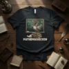 Mathemachicken T-Shirt featuring a chicken at a chalkboard with math equations, standing on books
