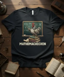 Mathemachicken T-Shirt featuring a chicken at a chalkboard with math equations, standing on books