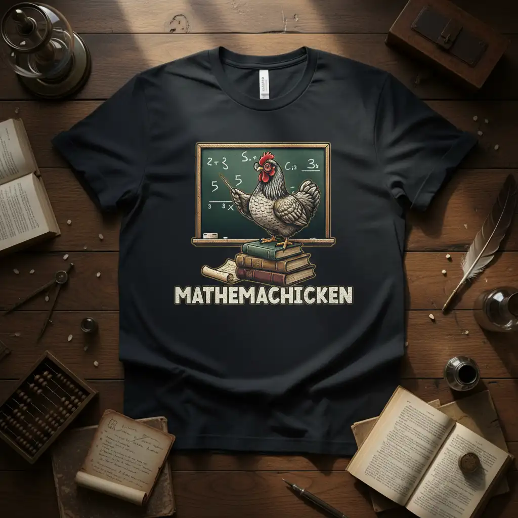 Mathemachicken design with a chicken teaching math on a chalkboard, standing on books