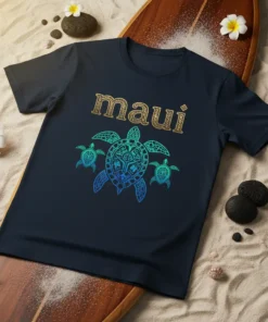 Dark navy t-shirt featuring the word "Maui" in textured gold font and a tribal-style sea turtle with two smaller turtles