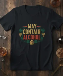 May Contain Alcohol quote t-shirt with vintage style typography and grape vine graphics