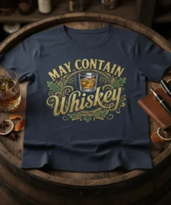 May Contain Whiskey t-shirt design with gold lettering and oak leaf accents, featuring a glass of whiskey