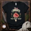 Black t-shirt with text "May I SUGGEST THE ROAST BEEF" and a realistic image of sliced roast beef surrounded by