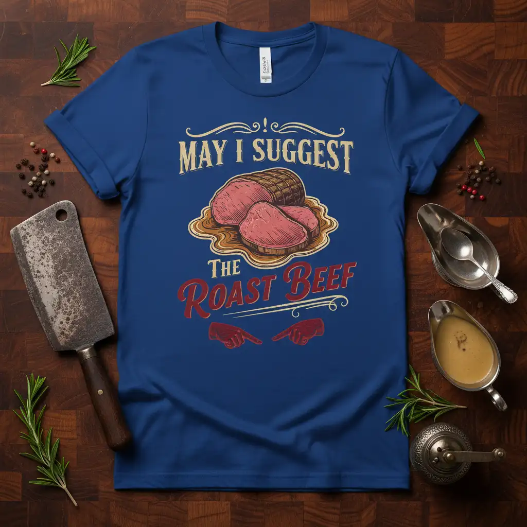 May I Suggest The Roast Beef quote t-shirt featuring a sliced roast beef illustration and pointing fingers