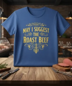 Blue t-shirt with yellow text "May I Suggest The Roast Beef" in decorative font, featuring a meat-themed graphic