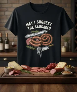 May I Suggest The Sausage? quote on a black t-shirt with a graphic of various sausages and a butcher knife