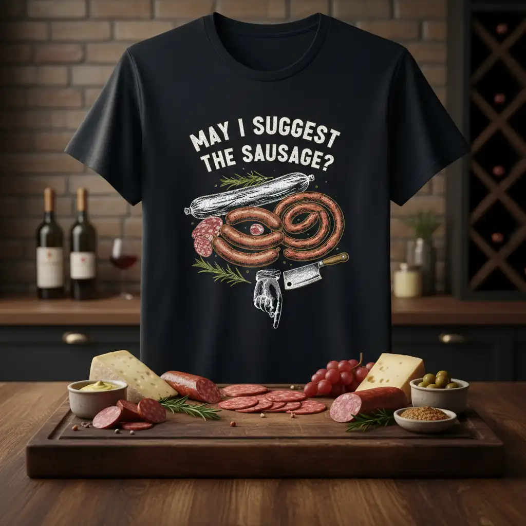 May I Suggest The Sausage? humorous quote design with assorted sausages illustration on a black tee
