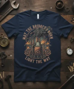 The phrase "May The Bridges I Burn Light The Way" on a dark navy t-shirt with a vintage industrial steam