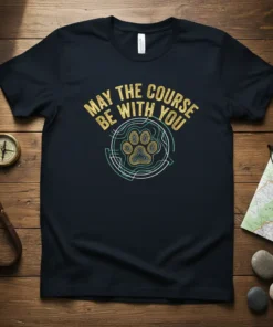 May The Course Be With You paw print and topographic design on a navy t-shirt
