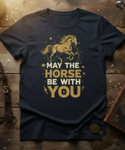 May The Horse Be With You text with a golden horse graphic on a navy t-shirt