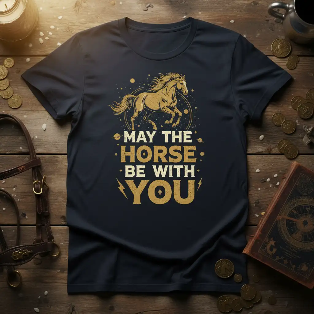 May The Horse Be With You quote with golden horse graphic on navy t-shirt