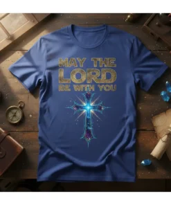 May The Lord Be With You Christian T-Shirt with a sparkling cross graphic and gold lettering