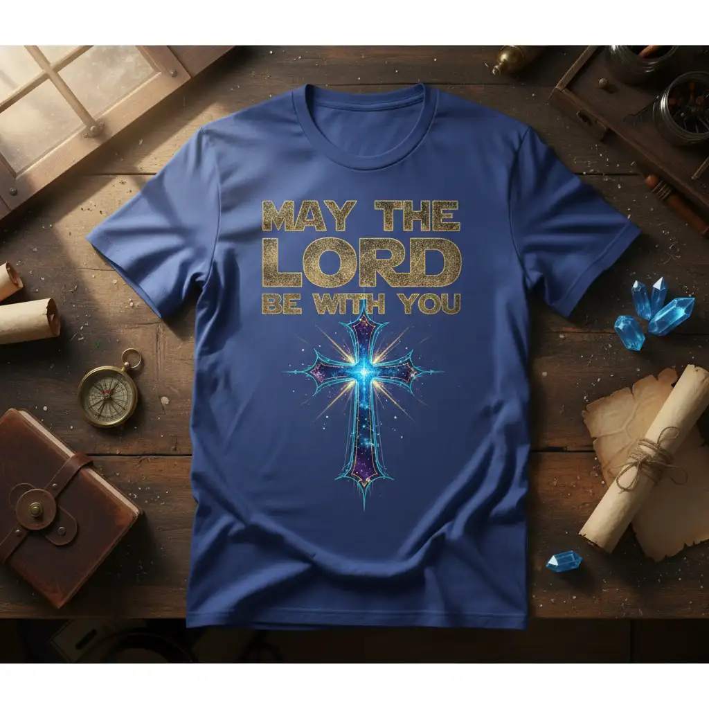 May The Lord Be With You quote and sparkling cross design on a blue t-shirt