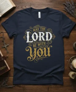 Navy blue t-shirt with "May the Lord Be With You" in decorative white and gold lettering, Christian apparel design