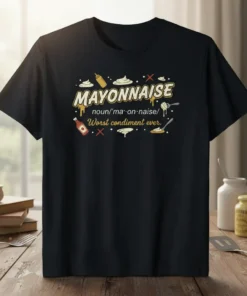 Black t-shirt featuring the text MAYONNAISE noun/ʼmäyə-nāz/ Worst condiment ever. with humorous condiment graphics