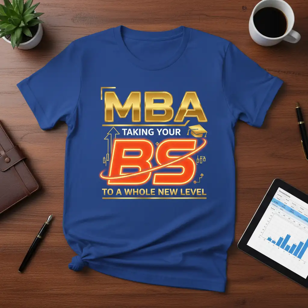 MBA Taking Your BS To A Whole New Level text design featuring gold and orange lettering with graduation cap and arrow graphic