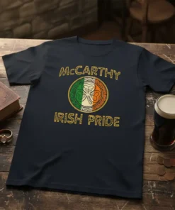 McCarthy Irish Pride t-shirt with a Celtic shamrock design and distressed text