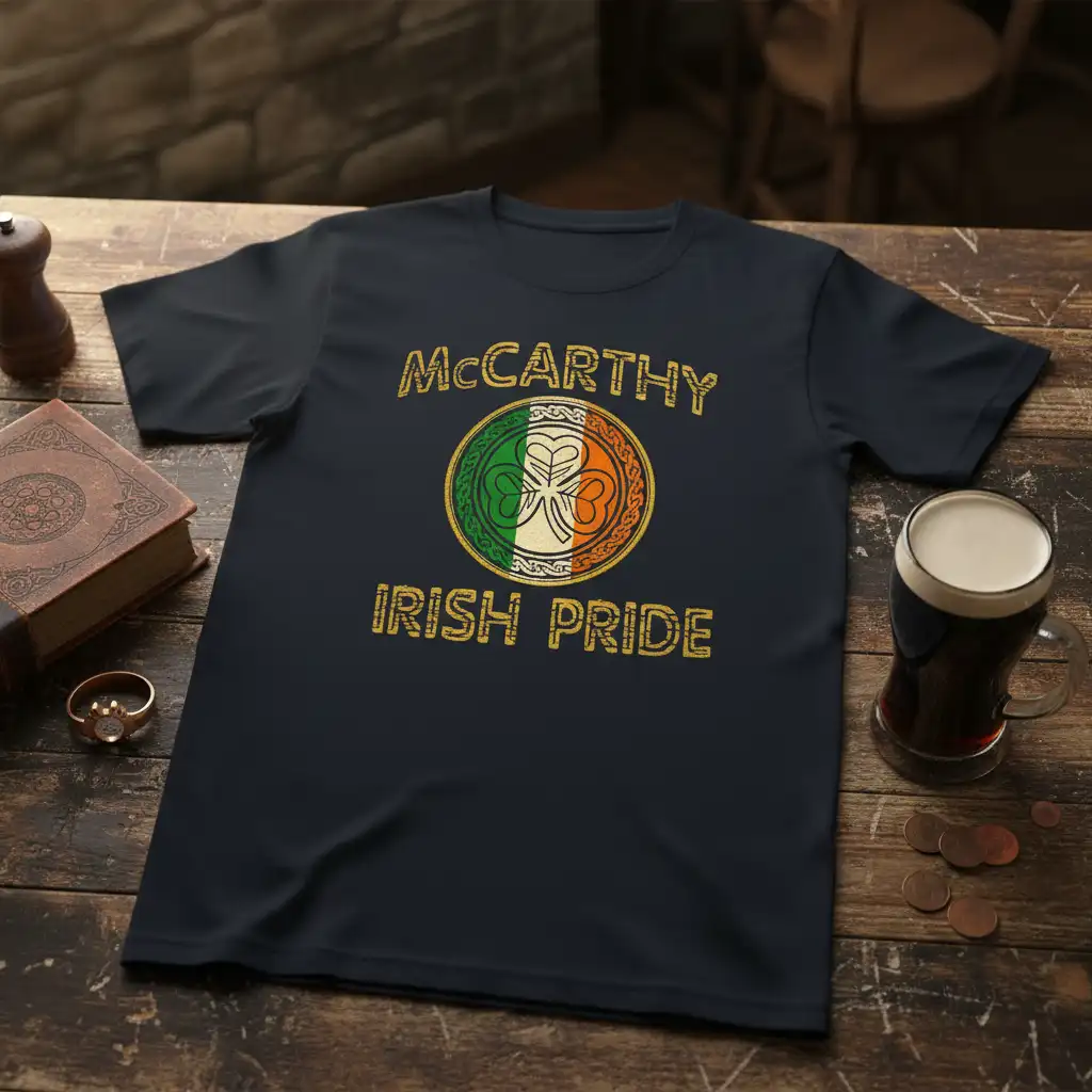 McCarthy Irish Pride t-shirt featuring a distressed gold font and a Celtic shamrock design with Irish flag colors