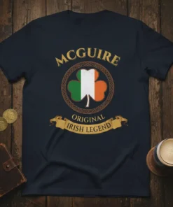 McGuire Original Irish Legend T-Shirt design with Irish flag shamrock and Celtic knot border