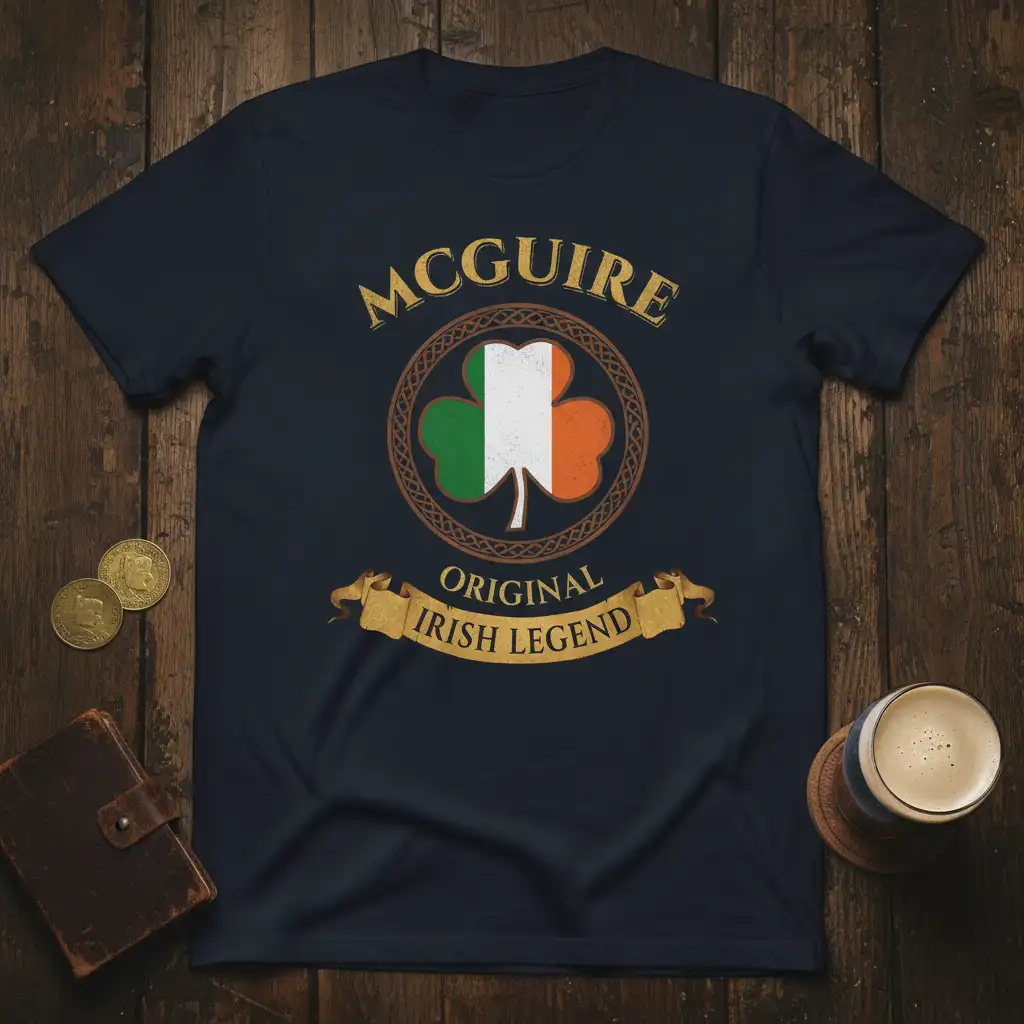 McGuire Original Irish Legend T-Shirt design featuring the Irish flag shamrock and surname
