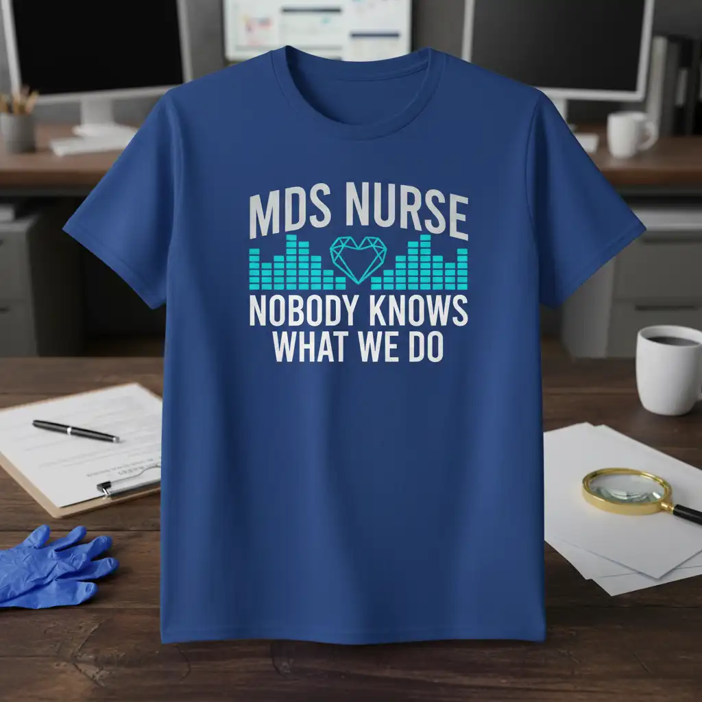 MDS Nurse Nobody Knows What We Do t-shirt design with white text and turquoise equalizer graphic
