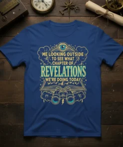 Me Looking Outside To See What Chapter Of Revelations We're Doing Today quote on a blue t-shirt with an eye
