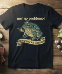 Me: No Problemo! Narrator: But it Was All Problemo frog quote t-shirt design with a king frog graphic