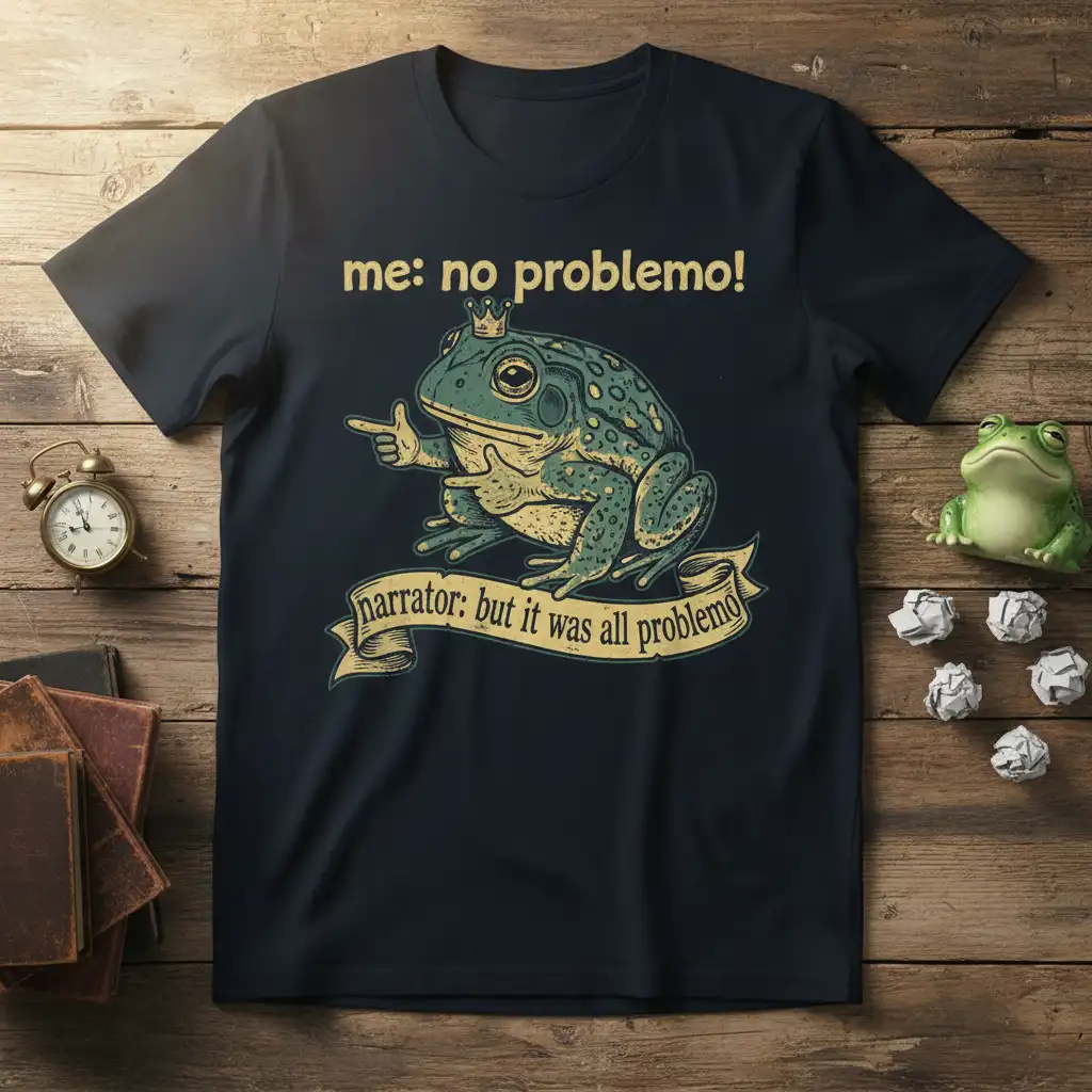 Me: No Problemo! Narrator: But it Was All Problemo humorous frog quote graphic on a dark t-shirt