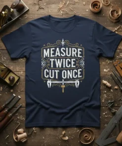 Measure Twice Cut Once woodworking quote t-shirt with classic typography and carpentry tools graphic