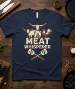 Meat Whisperer t-shirt design featuring a cow, pig, and rooster graphic with crossed spatulas and the text "Meat Whisperer."