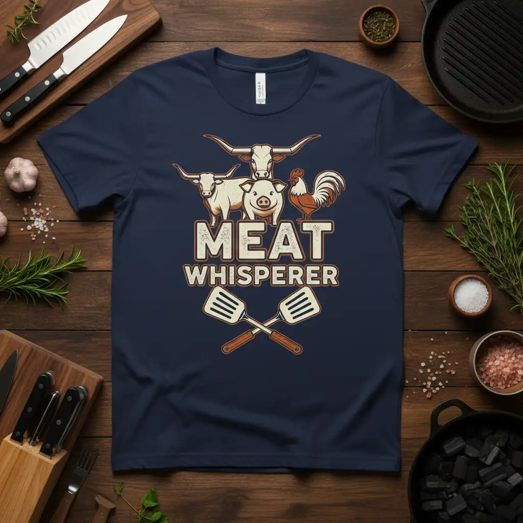 Meat Whisperer t-shirt with farm animal graphics and crossed spatulas, perfect for grill masters