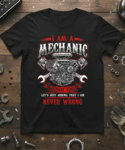 Black t-shirt with "I Am A Mechanic To Save Time Let's Just Assume That I Am Never Wrong" quote and