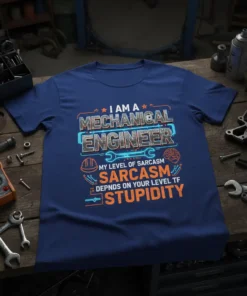 I Am A Mechanical Engineer My Level Of Sarcasm Depends On Your Level TF Stupidity quote on a navy t-shirt