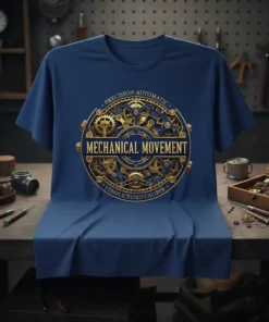 T-shirt featuring "PRECISION AUTOMATIC MECHANICAL MOVEMENT COMPLICATED CALIBER" text with intricate golden gears and clockwork design