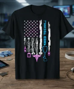 Med Tech American Flag design with stethoscope, syringe, caduceus symbol, and circuit board elements